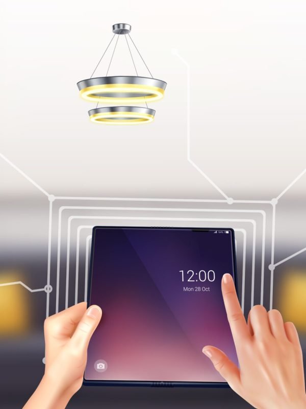 Smart Home Realistic Composition Controlling smart home door lock with touching tablet screen realistic composition fuzzy living room background vector illustration
